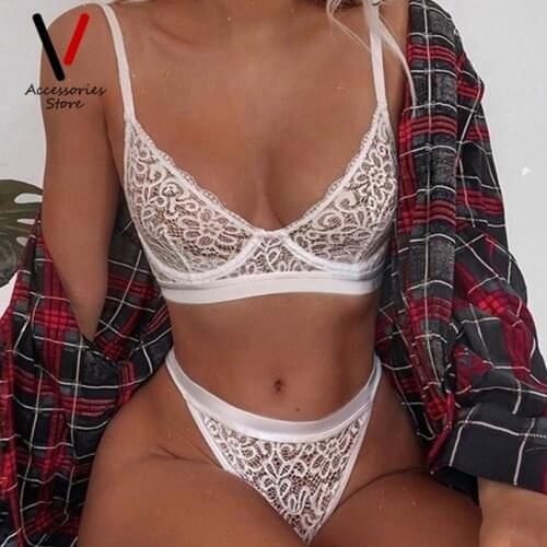Women Bandage Three-point Panties Bra and Thong Sets Female Sexy See-through Bra Set Ladies Three-quarter Push-up Underwear