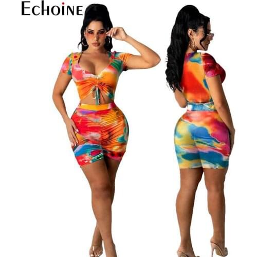 Echoine Women tie-dye Print Fitness 2 Piece Set Pleat Crop Top and Shorts Matching Summer Jogger Tracksuit Party Club Outfits
