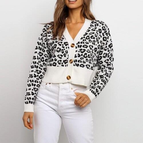 Leopard Knitted Cardigans Women Sweaters Autumn 2020 V-Neck Crop Top Fashion Stitching Kawaii Cardigan Sweater Female Clothes