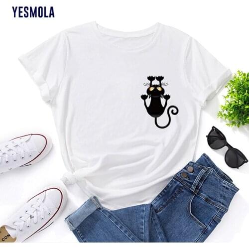YESMOLA Summer Women T Shirt Cotton Cute Cat Print Casual Short Sleeve Harajuku T Shirts Kawaii Ladies Basic Tee Tops