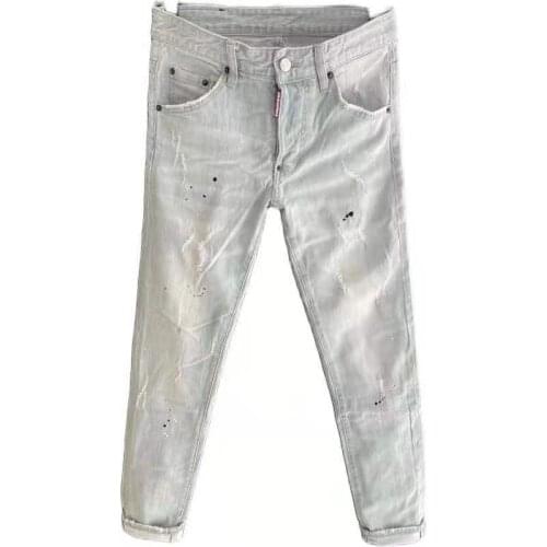 New Style Washed White Hole Micro-elastic Slim Trend Mens Letter Denim Trousers 9103
