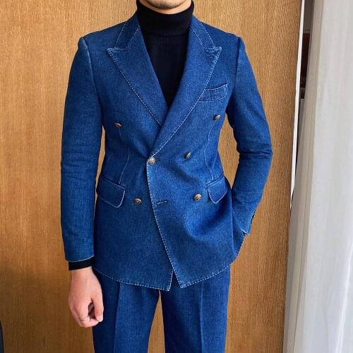 Blue/Black Oxford Denim Men Suits Business Groom Wear Formal Double Breasted Jacket With Pants 2 Pieces Set Blazer Tuxedo 2021