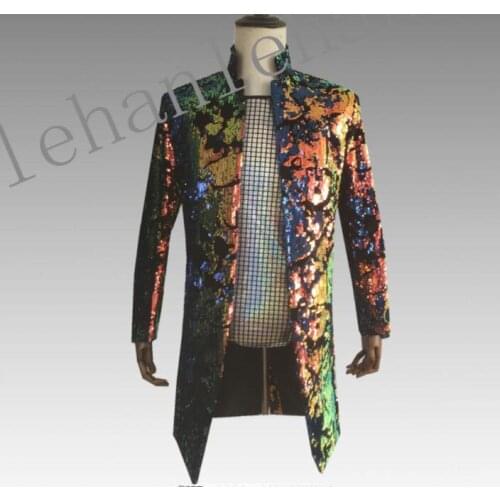 Medium and long section velvet printing Flip Sequin clothes men suits stage singers jacket men blazer dance star style dress