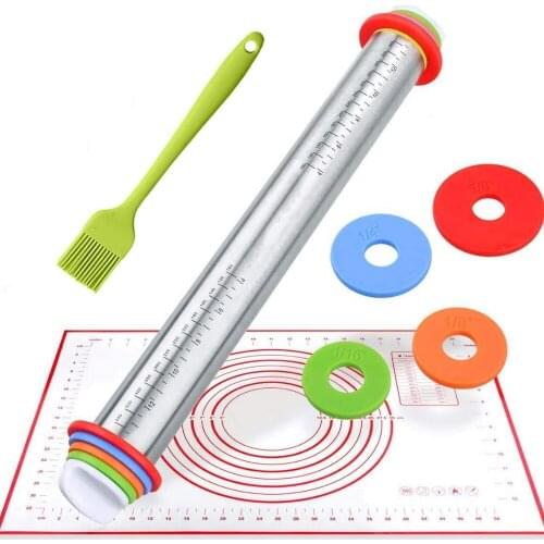 New Practical Baking Adjustable Stainless Steel Rolling Pin Adjustment Thickness Scale Flour Stick Dough Leather Kneading Set