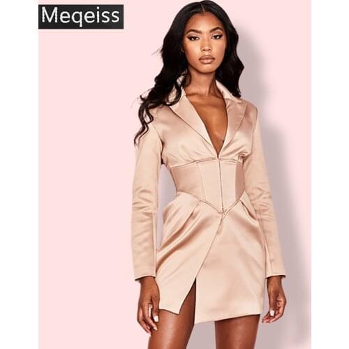2019 New Deep V Neck Long Blazers Coats And Jackets Women Turn-Down Collar Long Sleeve Covered Button Coats Blazers Dresses