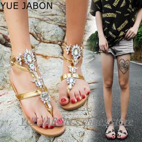 2020 NEW Women`s summer bohemia green gold diamond Flat sandals lady casual beach Rhinestone shining boho shoes peep toe Slipper