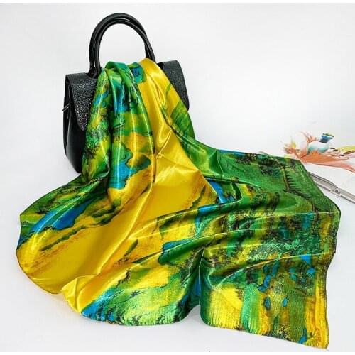 2021new satin simulation silk scarf female fashion traditionalChinese painting oil painting coffee shop printed large square90cm