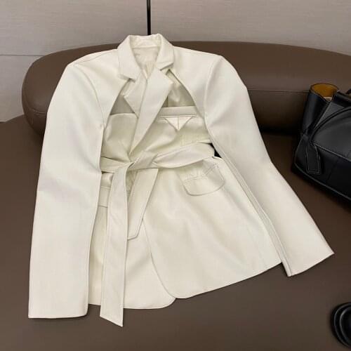 High 2021 New Ladies Quality Fashion Long Sleeve Lapel Solid Color Lace Triangle Hollow Green Leather Suit 0105