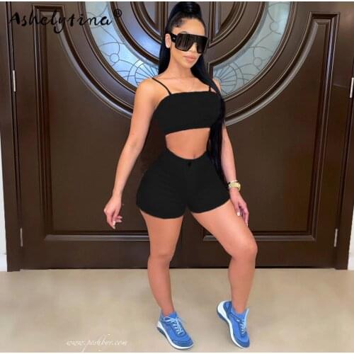 New womens fashion 2021 solid denim sexy halter shorts two piece set