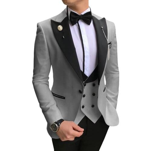 One Button Men Suits Light Grey and Black Groom Tuxedos Peak Lapel Groomsmen Wedding 3 Pieces ( Jacket+Pants+Vest+Tie ) D245