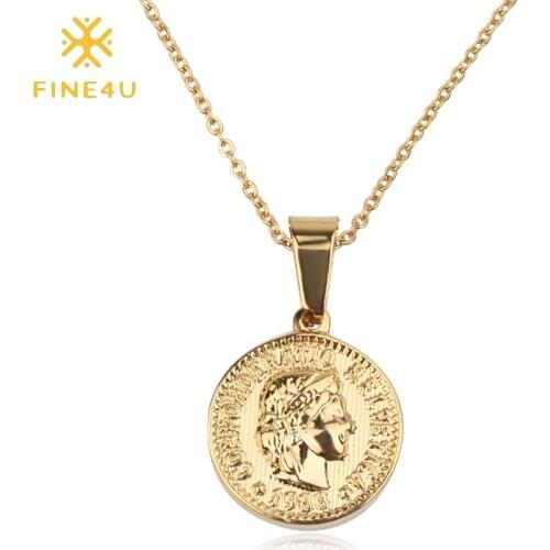 FINE4U N168 Gold Color Round Coin Disc Pendant Necklaces For Women Stainless Steel Chain Necklace Queen Elizabeth Coins Jewelry