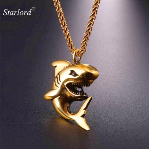 Starlord Shark Shape Pendant Necklace Gold/Black Color/Stainless Steel Punk Jewelry Shark Necklace Chain For Men GP2591