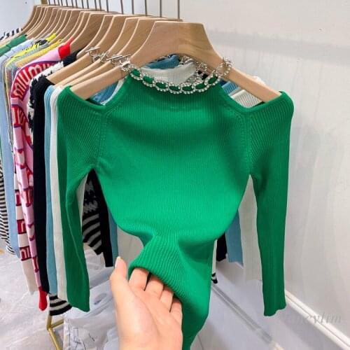 Sexy Off Shoulder Sweater Chain Halter Slim Fit Stretch Tight Pullovers Lady Crop Top Spring Autumn New Hollow Long Sleeve Pull