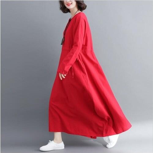 Cotton And Linen Women Full Sleeves Long Dress Literary style Solid Vintage Loose Slim Sashes Maxi Dress Vestido Plus Size 2XL
