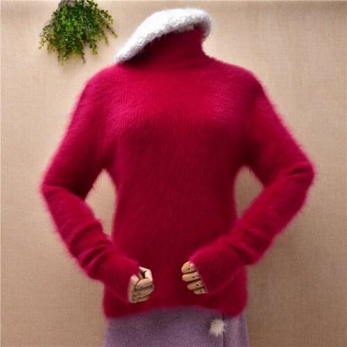 Female women autumn winter hairy soft angora rabbit fur knitted striped slim blouses turtleneck pullover mink sweater pull tops