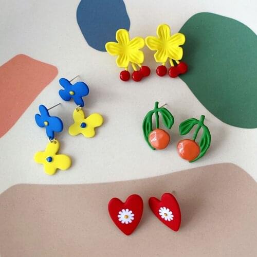 Funny Colorful Enamel Heart Flower Earrings 2020 Summer Unique Metal Daisies Cherry Drop Earrings for Women Gift Party Jewelry