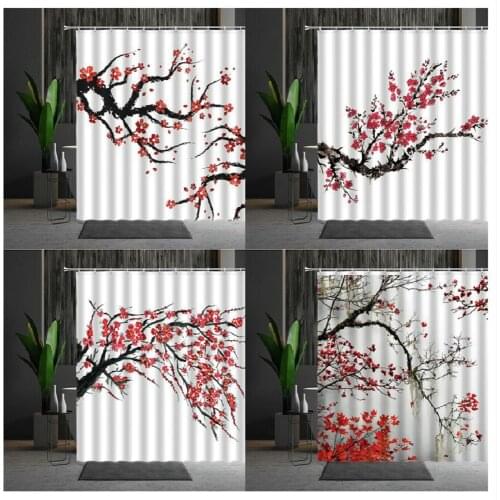 Chinese Style Waterproof Shower Curtains Winter Scenery Red Plum Bathtub Decor Bath Curtain Polyester Fabric Multiple Size