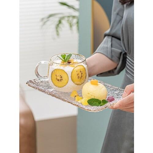 Breakfast tableware cups and trays set with gold rim household glass milk cup with fork spoon cow udder cup oatmeal bowl