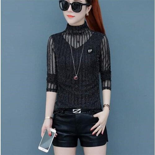 Simple Style Turtleneck Blouses Women Spring Autumn Style T Shirts Ropa De Mujer Casual Slim Mesh bright silk Tees Shirt Tops
