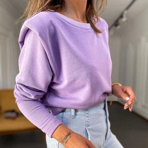 Women Autumn Winter Long Sleeve Padded Shoulder Plush Sweatshirt Pullover Hoodie