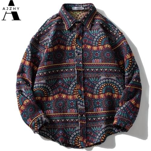 AJZHY Knitted Stripe National Style Shirt Retro Button Long Sleeve Oversized Winter Streetwear Hip Hop Harajuku Casual Tops Tees
