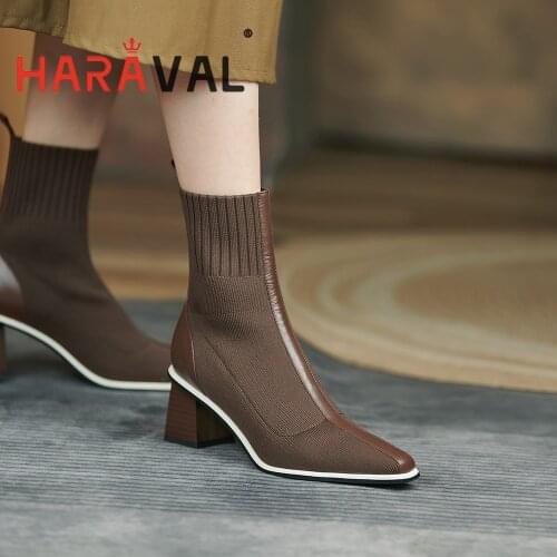 HARAVAL Women Ankle Boots Shoes High Heels Brown Black Modern Boots Elegant Fashion Solid Genuine Leather Adult Boot E427L