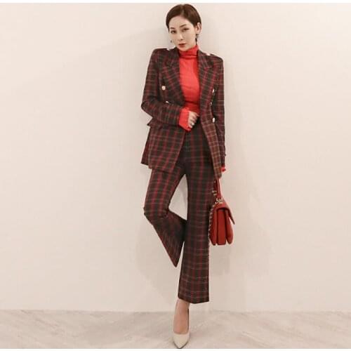 Womens Pant Suits Work uniform professional Plaid suit fashion womens Blazer & Suits+Flare pants two-piece Office Lady Sets