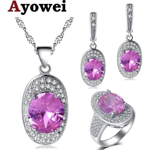 Ayowei Delicate Silver ingots pink For women Earrings Necklace pendant Rings Jewelry Sets USA size #6#7#8#9#10 JS717A