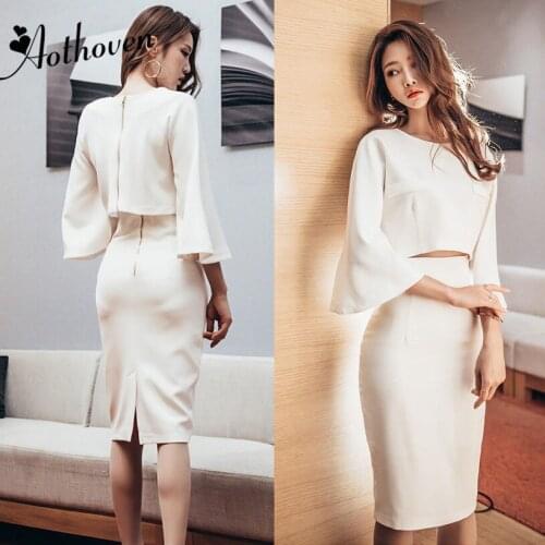 2 Piece Set Autumn 2018 Women White Full Sleeve O Neck Short Shirt Top and Bandage Pencil Skirt Office Party Suit Two Piece Sets