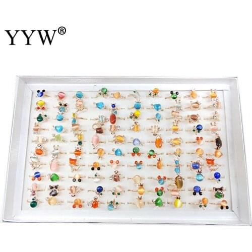 100pcs/Box Animal Cats Eye Stone Ring For Women Jewelry 2021 Cute Colourful Zinc Alloy Round Finger Rings set luxury Gift
