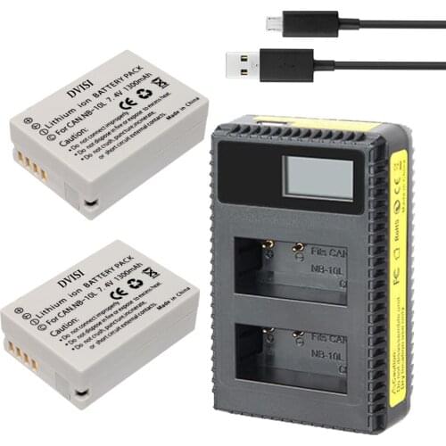 DVISI 2pcs NB-10L NB 10L Camera Battery + USB Dual LCD Charger for Canon G1X G15 G16 SX40HS SX50HS SX60HS SX40 SX50 SX60