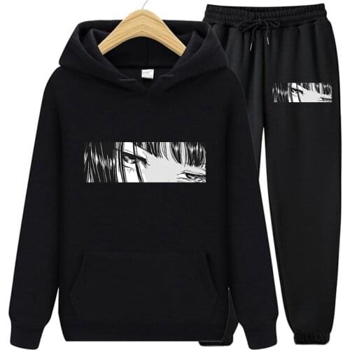 2021 Womens Autumn Two Piece Sets Y2k Japanese Horror Anime Print Casual Long Sleeve Hoodie Sweatshirt And Sweatpants Plus Size