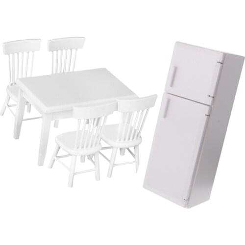 1/12 Dollhouse Modern Sense Kitchen Decor Refrigerator & White 5pcs Table Chair Set Accessories