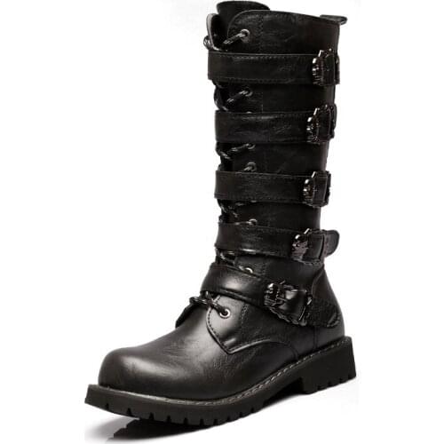 ERRFC New Arrival Designer Men Long Boot Black Round Toe Lace Up Buckle Strap Skull Charm PU Leather Motorcycle Shoes 37-46