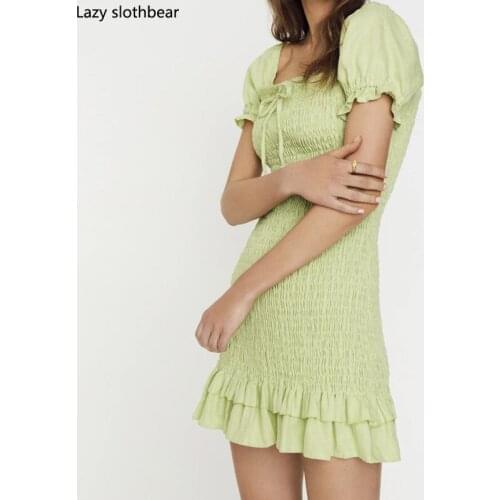 Hot sale ladies summer solid color sexy mini dress pleated short dress ruffled sun dress