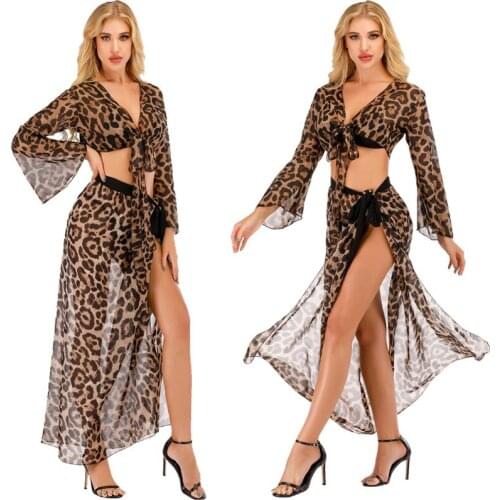 Women Leopard Print Chiffon Bikini Cover-ups Set See-through Long Sleeve Crop Tops+Long Skirts Two Piece Swimwear Beach Dresses
