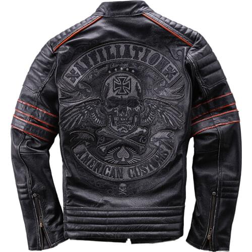 DHL Free Shipping Men 100% Natural Cowhide Jacket Black Embroidery Skull Motorcycle Leather Jackets Men Autumn Winter Warm Coat