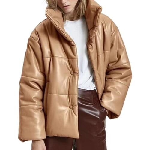 2021 Women Fashion Thick Warm Parkas Faux Leather Padded Jacket Coat Vintage Long Sleeve Pockets Female Outerwear Chic Tops