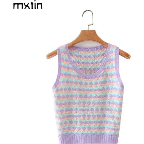MXTIN 2021 Women Summer Vintage Sweet Color Contrast Pullover Vest Sweater Fashion O-Neck Sleeveless Female Waistcoat Chic Tops