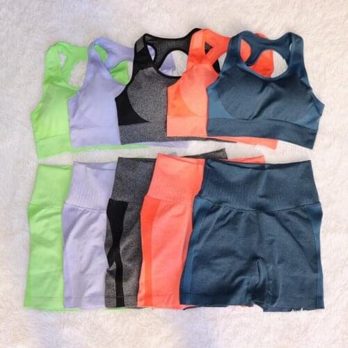 New Womens Tracksuit Seamless Knitting Suit Sexy Sports Shorts Fitness Shockproof Gathered Running Yoga Bra Set