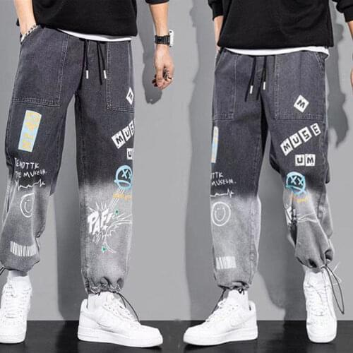 Autumn Graffiti Ankle Banded Pants Mens Jeans Korean Style Loose Casual Harem Pants Men Japanese Fashion Streetwear Trousers