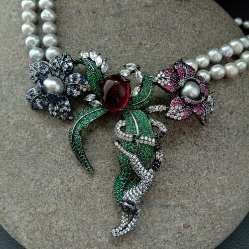 21"-22"2 Rows Gray Round freshwater Pearl Necklace cubic zirconia micro pave flower monkey pendant for women