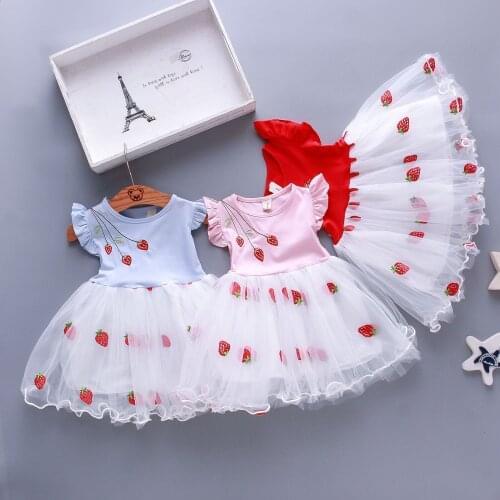 Toddler Baby Girls Dresses Fly Sleeve Sweet Strawberry Embroider Tulle Princess Dress Fashion Summer Printing Girl Clothes