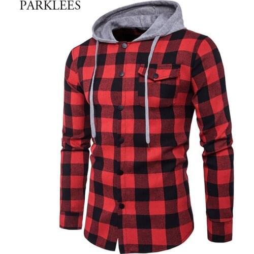 Red Black Plaid Hooded Shirt Men Long Sleeve Slim Fit Casual Checkered Hoodies Shirts Mens Pocket Button Front Chemise Homme 2XL