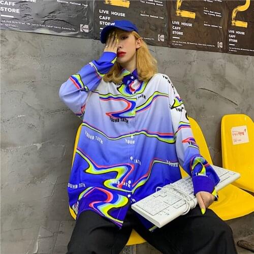 Women Summer Shirts Kawaii Ulzzang Lovely Retro Gradient Print Long Sleeve Shirt Female Sweet Harajuku Tunic For Womens Top