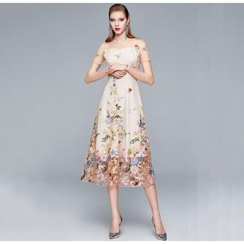 2021 mesh embroidery dress summer retro waist slimming dress mid-length skirt