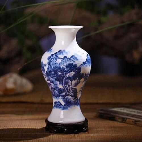 Jingdezhen Modern Ceramic Vase Blue and White Mountains and Rivers Landscape Bone China Vase Sitting Room Bedroom