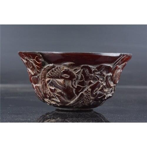 Antique QingDynasty old Rhinoceros horn bowl,Lotus&fish,Hand-carved crafts,best collection& adornment