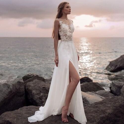 2020 Boho Wedding Dress with High Slit Illusion Bodice Vestido de Novia Appliqued Sexy Custom Made Chiffon Beach Bridal Gown