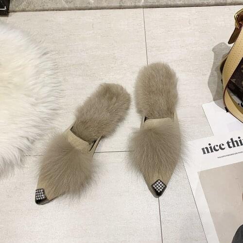 Women House Slippers Faux Fur Fashion Warm Shoes Woman Slip on Flats Pointed Toe Female Slides Cozy Home Furry Slippers